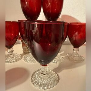 7 Anchor Hocking Ruby Red, bubble foot glasses. Approximately 9oz